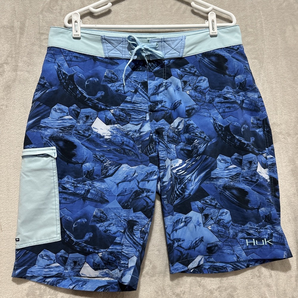 Huk Performance Board Shorts Mens 36 Blue Fish Print Summer Beach Resort